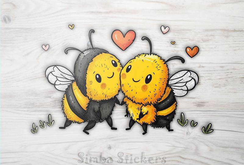 Bees in love cheek-to-cheek, with romantic heart above them, watercolour