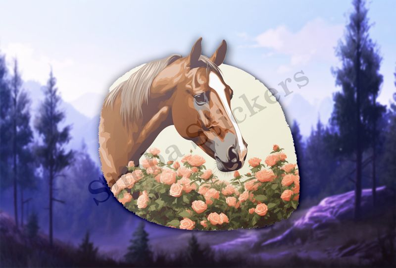 Brown horse bust behind pink flowers