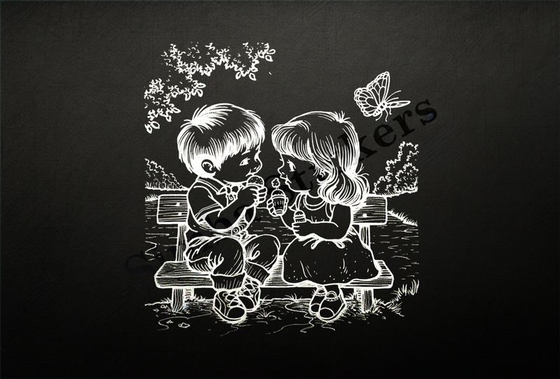 Boy and girl eating ice cream on a park bench by a pond, outline art
