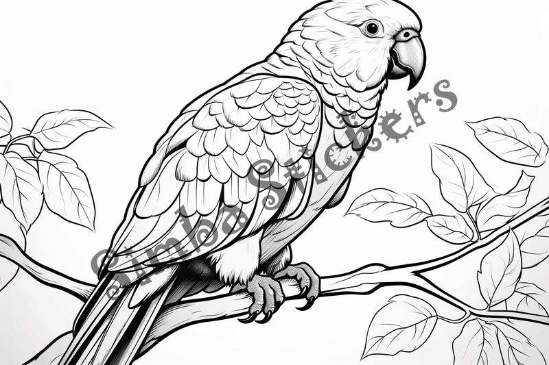 Colouring pages, bundle of parrots perching, 10 images