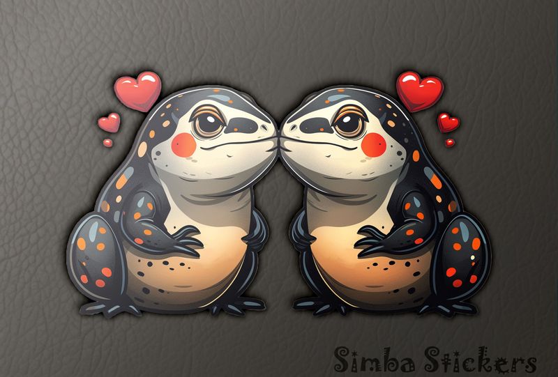 Chubby black, red and creamy lizards in love, with romantic hearts