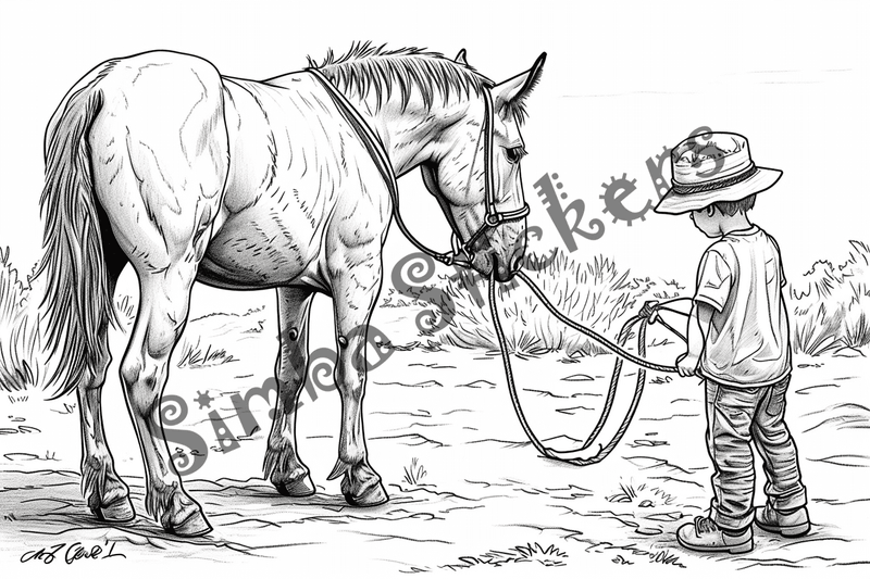 Colouring pages, bundle of mules with children, 10 images
