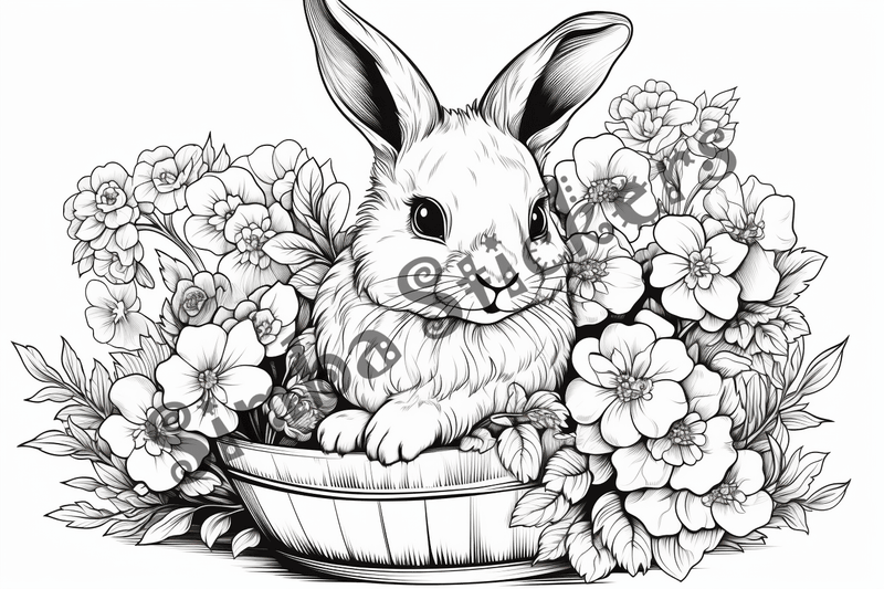 Colouring pages, bundle of rabbits in leaves or flowers, 10 images