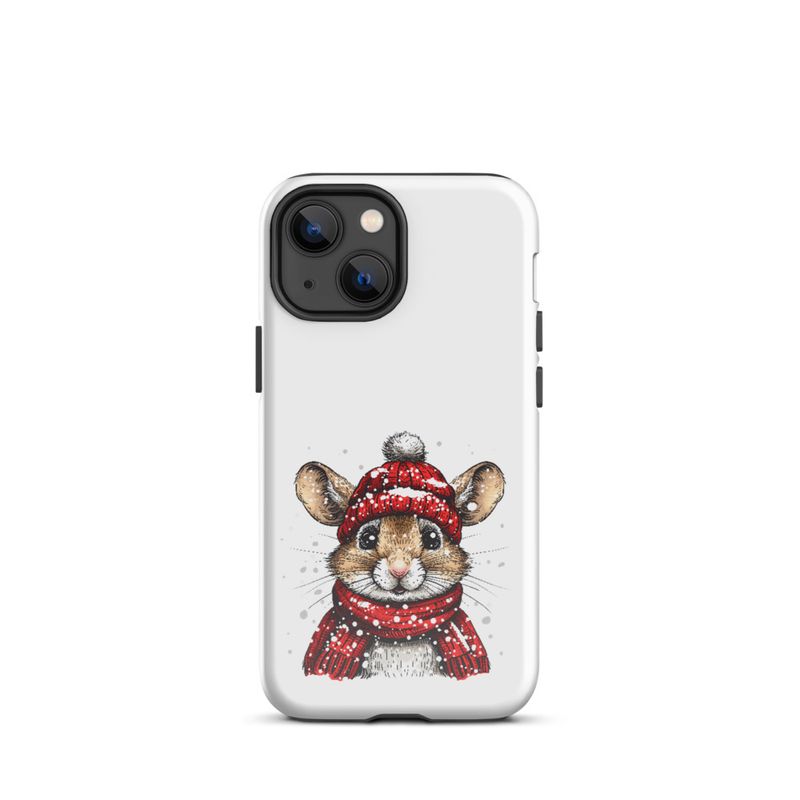 Tough Case for iPhone, Mouse wearing red winter hat and scarf in the snow, xg8dl3