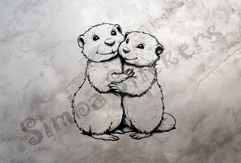 Beavers cuddling cheerfully in embrace, outline art