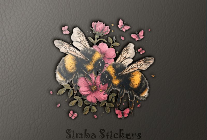 Bees in love buzzing around pinkish flowers, vintage style