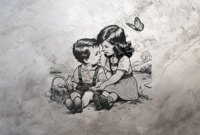 Boy and girl sitting with back to river, outline art