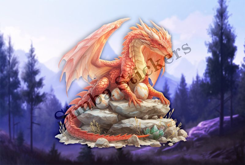 Red dragon brooding. extending arms over her eggs, watercolour