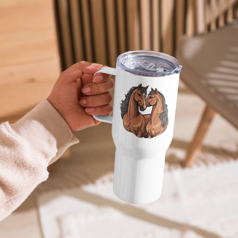 Travel Mug, Cattle, Two brown horses snuggling, tdwcyd