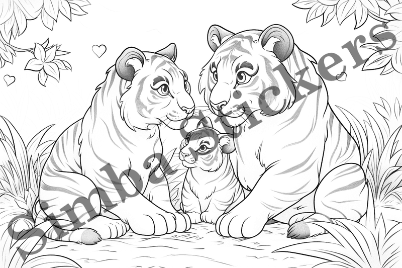 Colouring pages, bundle of tigers, family-oriented, 10 images