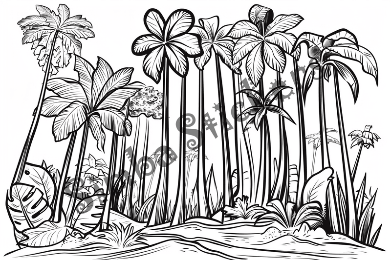 Colouring pages, bundle of Equatorial Rainforest landscape, 25 images