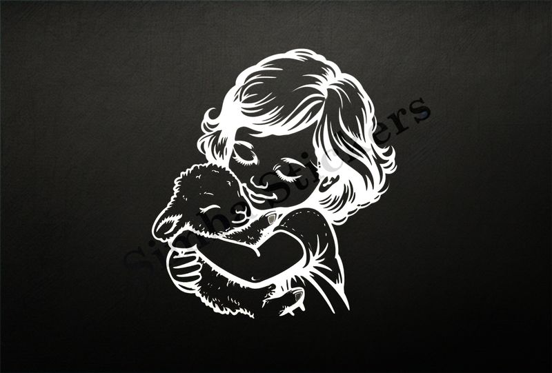 Small lamb cheek-to-cheek in amrs of little girl , outline art