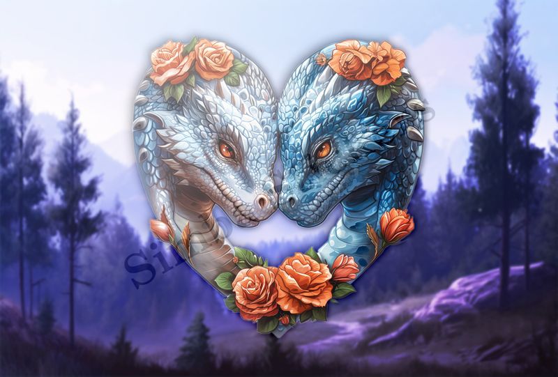 Blue and white dragons nose-to-nose in love, orange flowers, watercolour