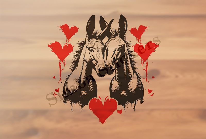 Donkeys nose-to-nose in love,  red hearts, outline art