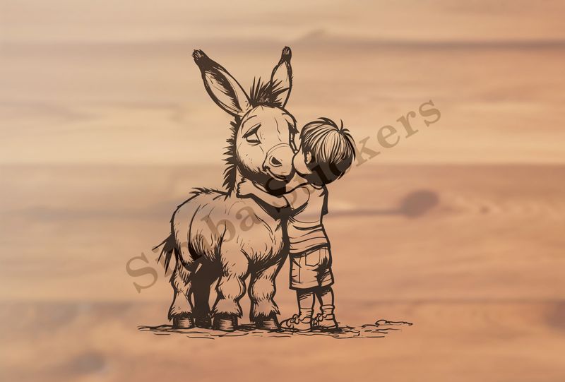 Small donkey hugged by a small boy, outline art