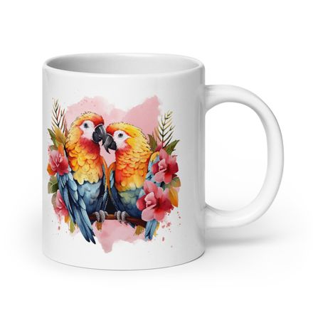 White Glossy Mug, 20oz, Parrots in love among flowers in pinkish background, watercolour, nvcywh