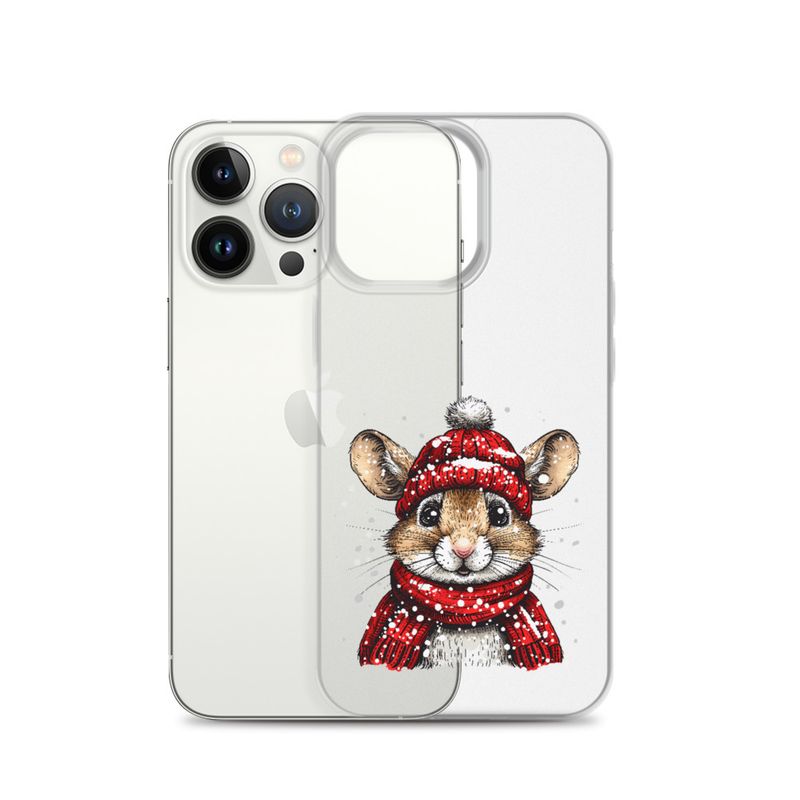 Clear Case for iPhone, Mouse wearing red winter hat and scarf in the snow, xg8dl3