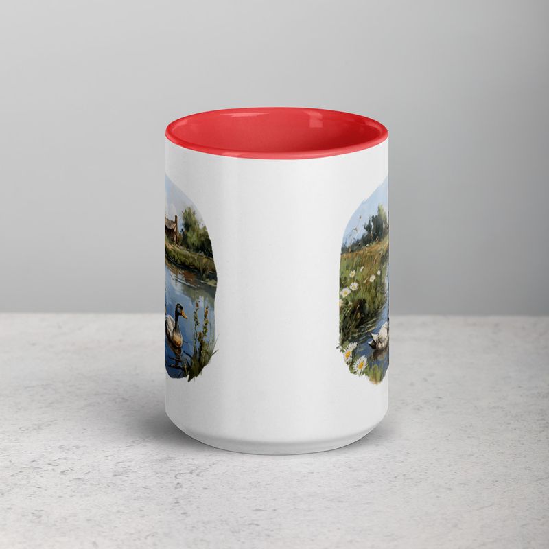 White Ceramic Mug with Color Inside, 11 &amp;15oz, Ducks in love swimming in farmhouse pond 