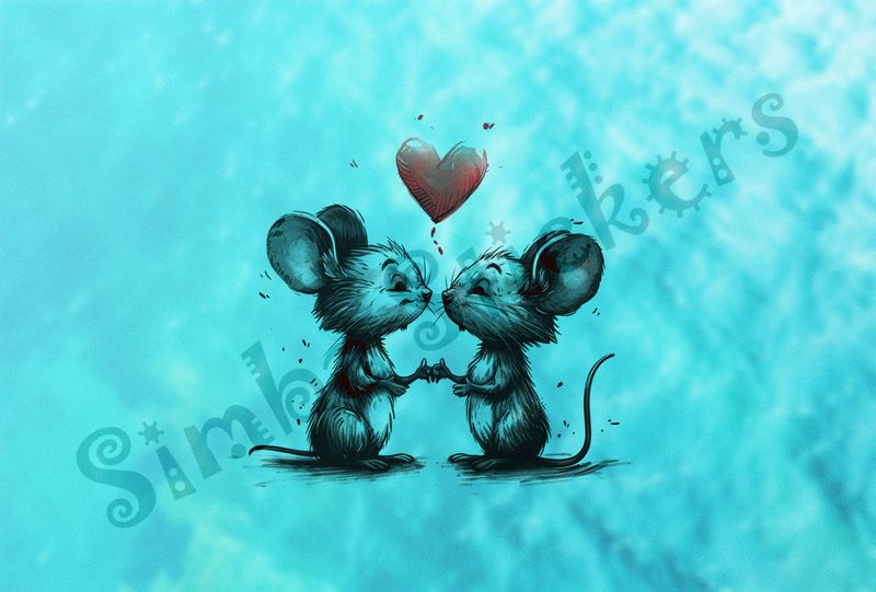 Mice about to kiss, romantic heart above, outline art
