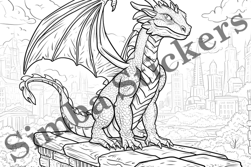Colouring pages, bundle of dragons in cityscape, 10 images