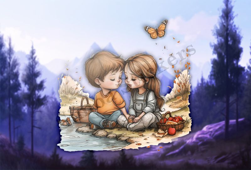 Boy and girl in love, holding hands next to a small stream, watercolour