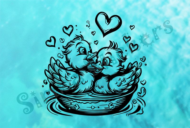Ducklings in a floating bowl, romantic hearts, outline art