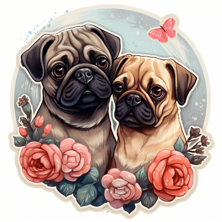 Pug dogs in love, image set, 10 images