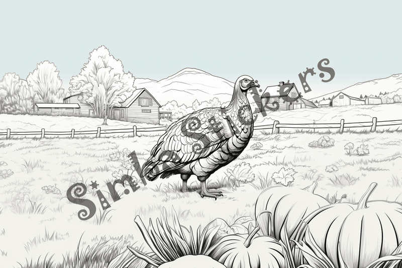 Colouring pages, bundle of turkeys on a farm, 25 images