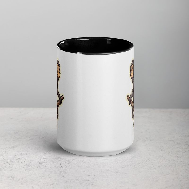 White Ceramic Mug with Color Inside, 11oz &amp; 15oz, Baboon on a tree, looking sad, head-to-head