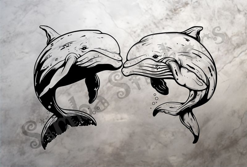 Whales nose-to-nose in love, under water, outline art