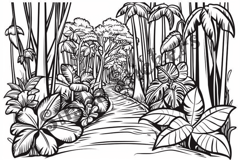 Colouring pages, bundle of Equatorial Rainforest landscape, 25 images