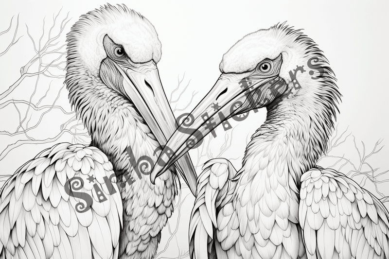 Colouring pages, bundle of marabou storks in love, 10 images