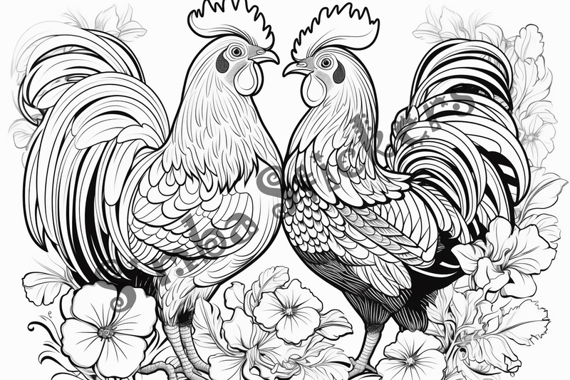 Colouring pages, bundle of chicken in love, mostly in flowers, 10 images
