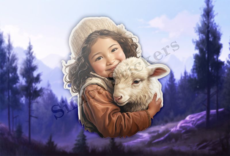 Sheep in arms of  girl of Asian origin in white hat, vintage