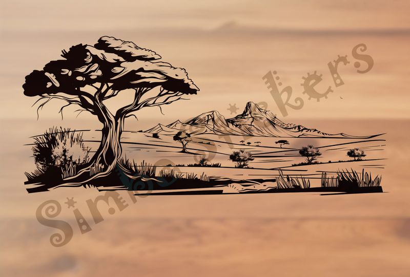 African Savanna landscape, interspersed with trees, mountain range afar, outline art