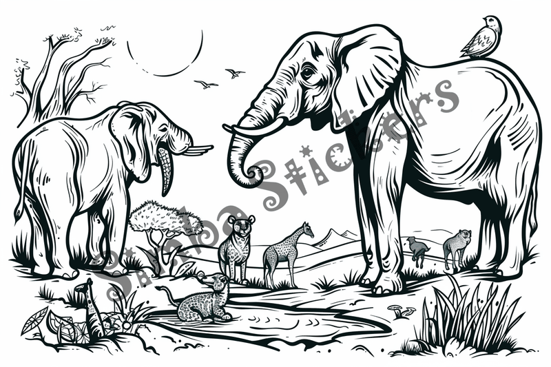 Colouring pages, bundle of African Savanna landscape, 25 images