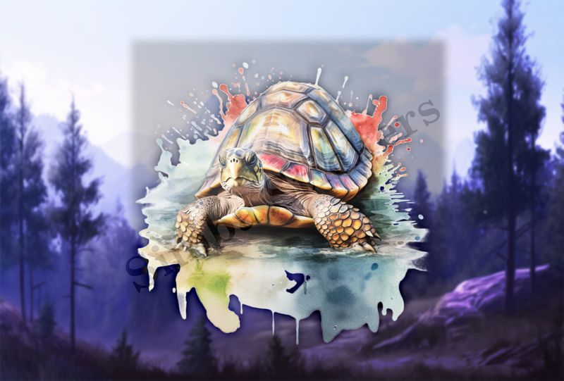 Tortoise in pool of water, watercolour