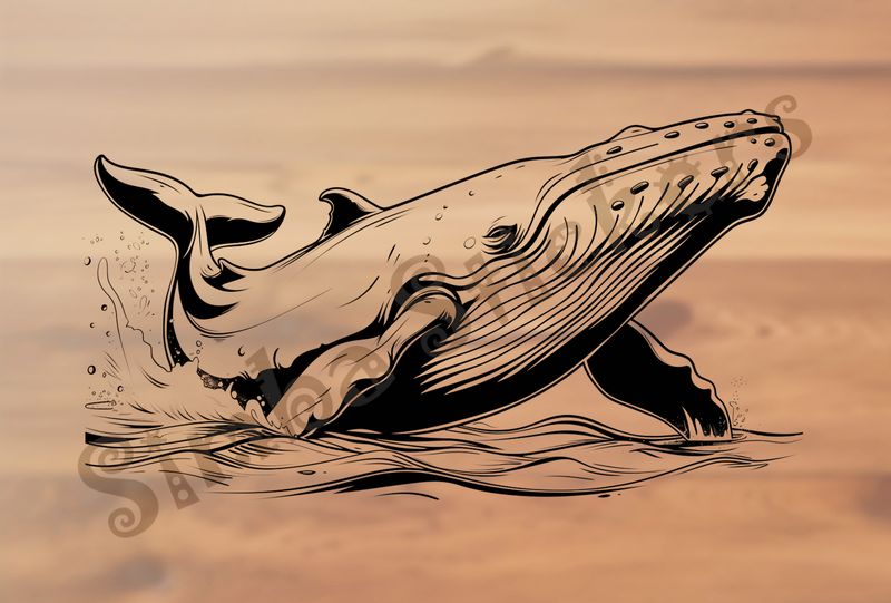 Whale almost completely above water, outline art