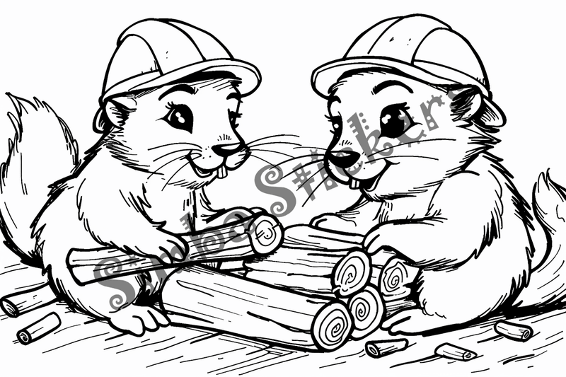 Colouring pages, bundle of beavers building in hard hat, 10 images