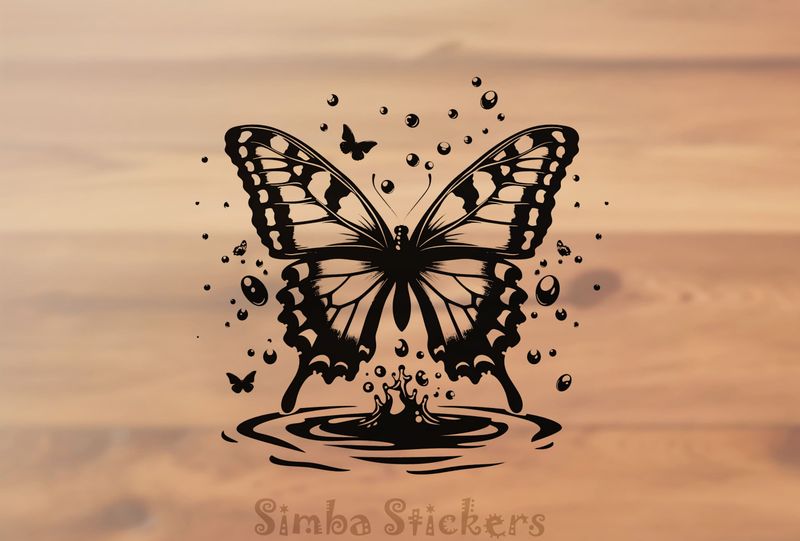 Butterfly floating above a river and making a splash, outline art, l4vw2l