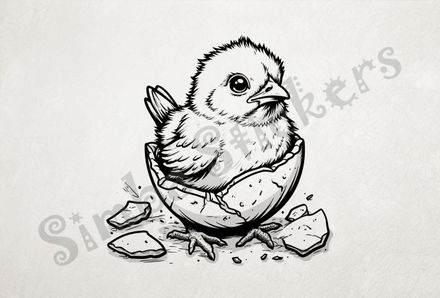Chick still inside shell, feet touching ground, outline art