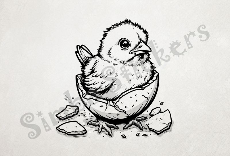 Chick still inside shell, feet touching ground, outline art