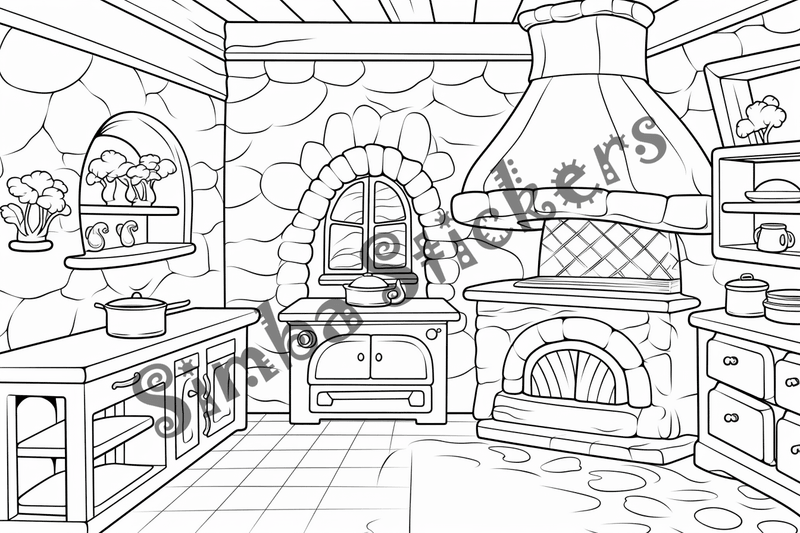 Colouring pages, bundle of house kitchens with stone ovens, 10 images