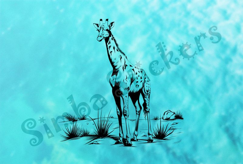 Giraffe facing frontwards in shrubs, outline art