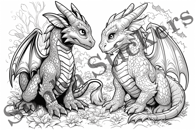 Colouring pages, bundle of dragons in love, 10 images