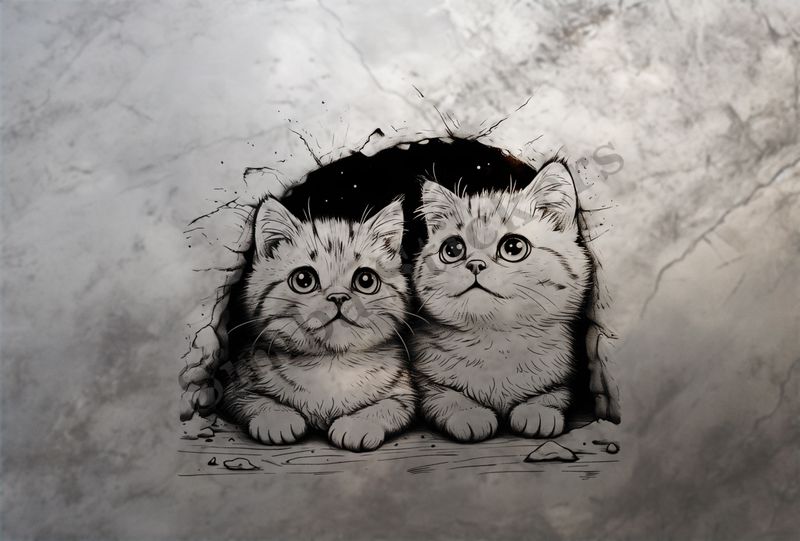 Cat kittens, romantic, outline art