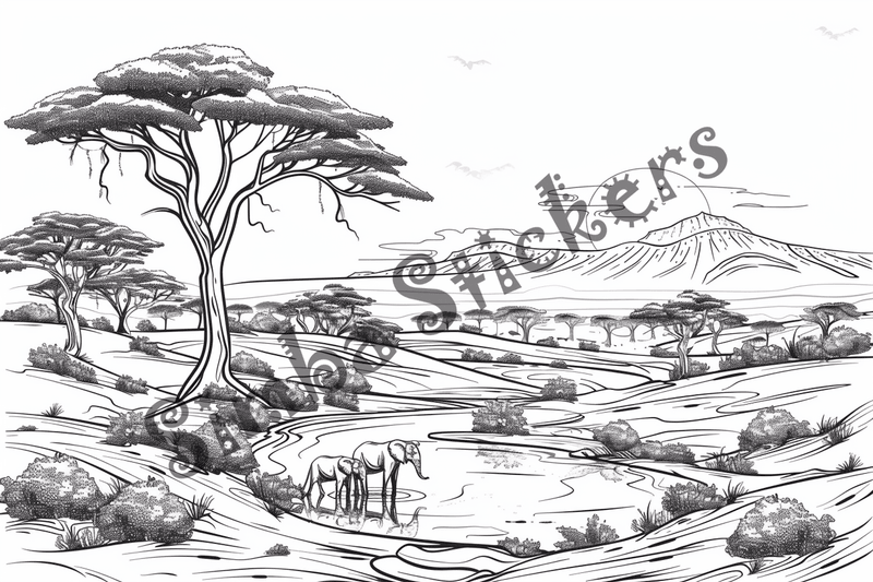 Colouring pages, bundle of African Savanna landscape, 25 images