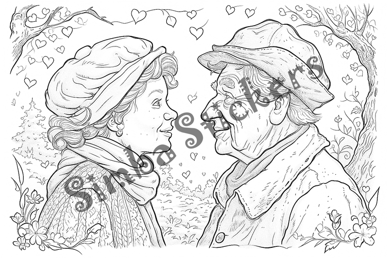 Colouring pages, bundle of people, elderly and grandparents with children, 50 images