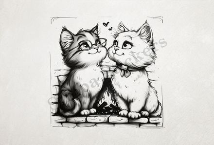 Cats, one in glasses, by the fireplace, outline art