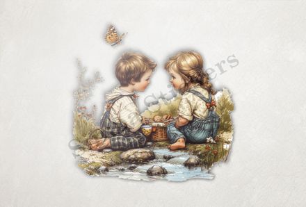 Boy and girl in love, sitting by a stream, watercolour